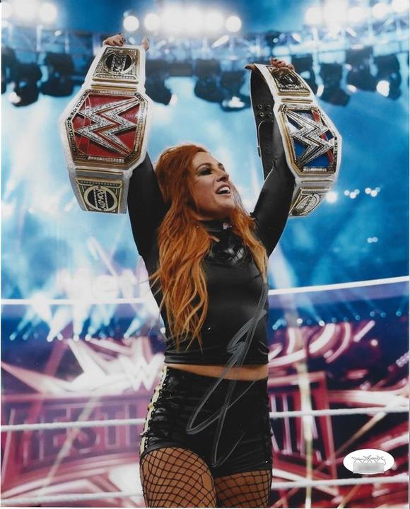 Becky Lynch &mdash; holding two title belts &mdash; signed 8&times;10 photo